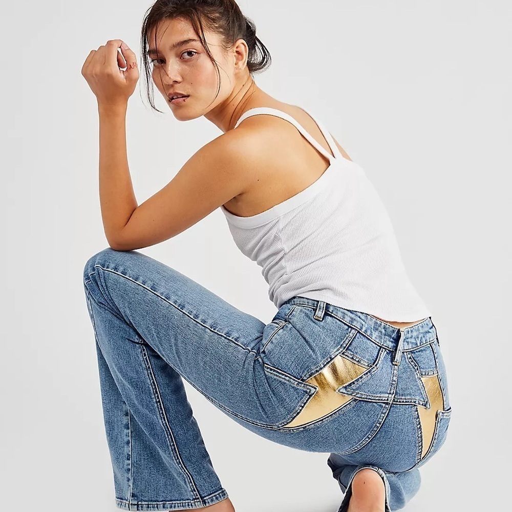 NWT Free People Thunderbird Flare Jeans Gold Lighting Bolt Size 33
